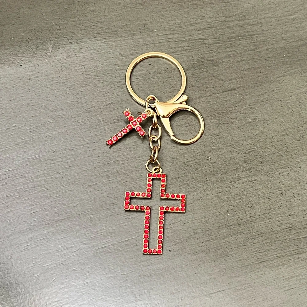 Cherry Red Gold Double Cross Allover Rhinestone 4